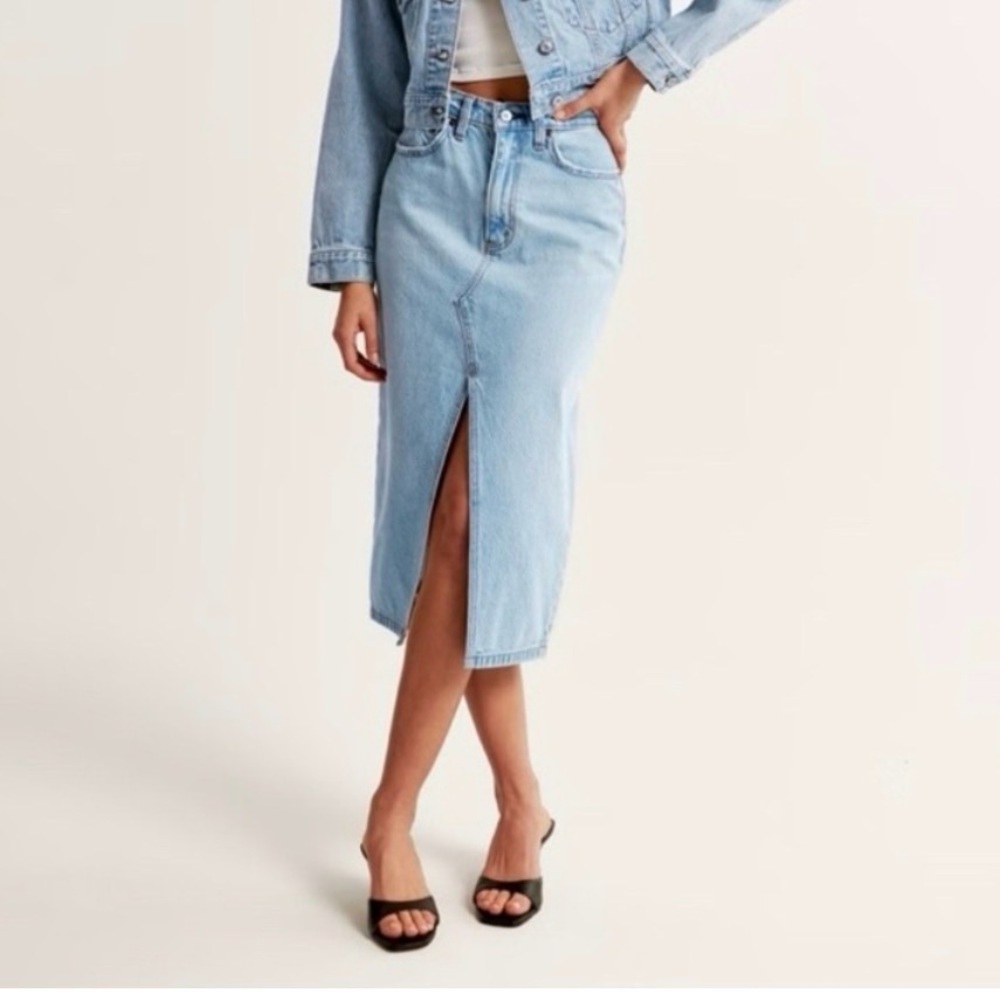 Cream Denim Midi Skirt with Front Slit